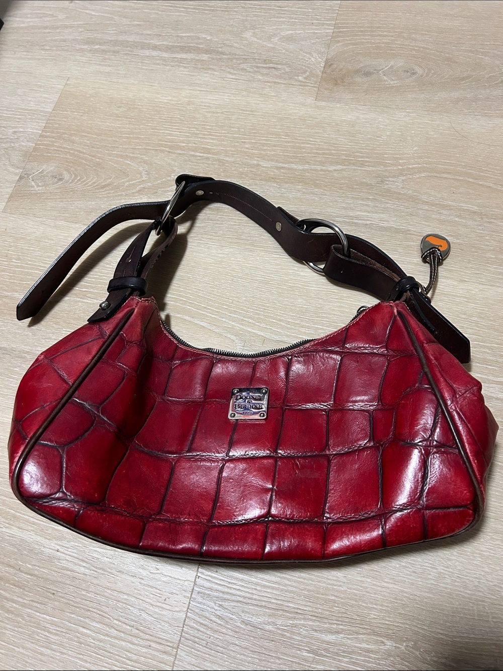 Dooney & Bourke Red Croc-Embossed Shoulder Bag with Dark Brown Strap